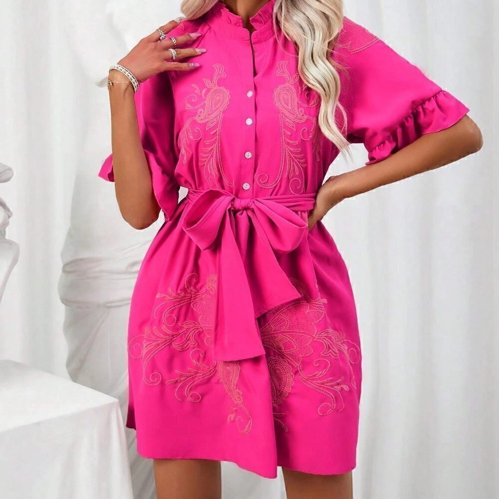 Pink Boho Womens Paisley Embroidery Flounce Sleeve Belted Shirt Dress - Picture 3 of 5